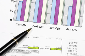 business profits financial chart to analysis with pen on paper work graph report for trading or trader on Q2 of year