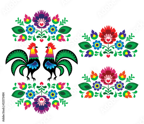 Naklejka ścienna Polish ethnic floral embroidery with roosters traditional