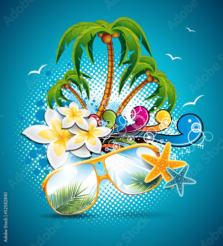 Naklejka - mata magnetyczna na lodówkę Vector Summer Holiday Flyer Design with palm trees