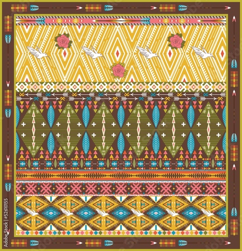 Plakat na papierze fotorealistycznym Bezszwowe kolorowy dywan z aztecu z ptakami i strzała