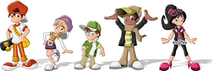 Group of hipster cartoon young people. Cool teenagers.