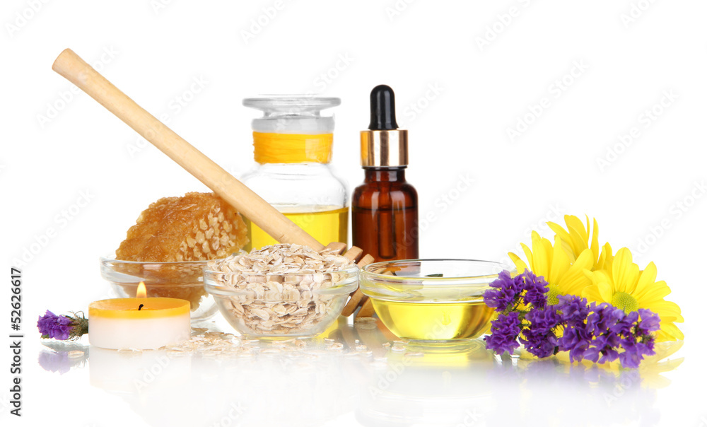 Fragrant honey spa with oils and honey isolated on white