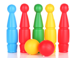 Poster - Colorful plastic skittles of toy bowling isolated on white