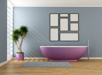 Blue bathroom with purple bathtub