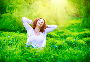 Wall Mural - Beautiful Young Woman Outdoors. Enjoy Nature