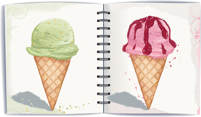 Two waffle cones with ice cream in watercolor technique.