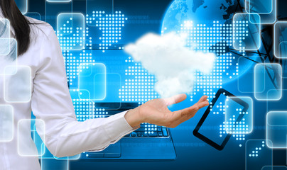 hand holding a cloud on technology background