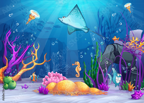 Obraz w ramie Illustration of the underwater world with fish ramp.