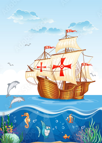 Nowoczesny obraz na płótnie Children's illustration of the water world with a sailing ship