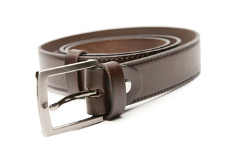 Brown leather belt with a white background.