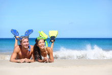 Beach Travel Couple Having Fun Snorkeling Looking