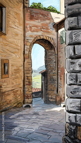 Fototapeta na wymiar Old Buildings In Typical Medieval Italian City - illustration