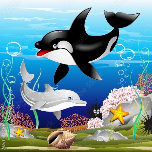 Board z aluminiowym obramowaniem Delfin i orka kreskówka delfino e orca nell'oceano