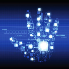Wall Mural - abstract electric circuit on hand with glowing button