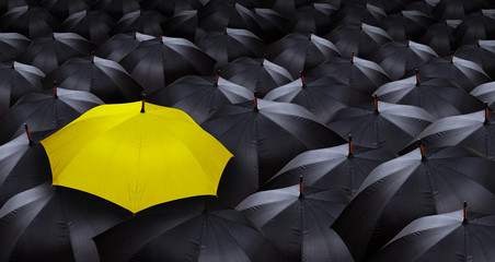  many blacks umbrellas and one yellow umbrella