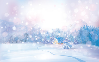 Wall Mural - Vector of winter snowy landscape with lonely house in forest.