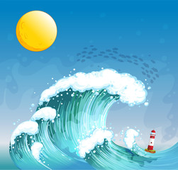 Wall Mural - A big wave with a tower