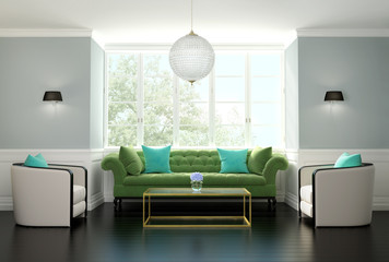 Elegant luxury classic  living room with green tufted sofa