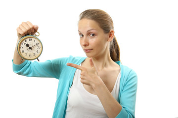 woman with alarm clock, isolated on white