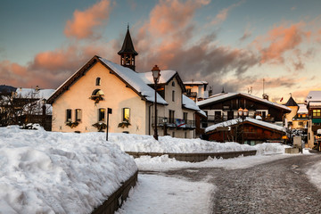 Fototapete - Village of Megeve in the Evening, French Alps, France