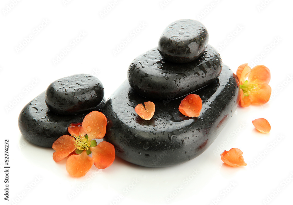 Spa stones and flowers isolated on white