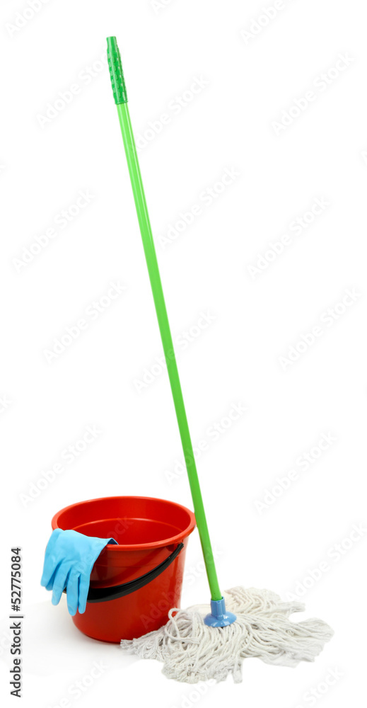 Mop, plastic bucket and rubber gloves, isolated on white