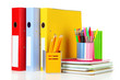 Bright office folders and different stationery isolated on