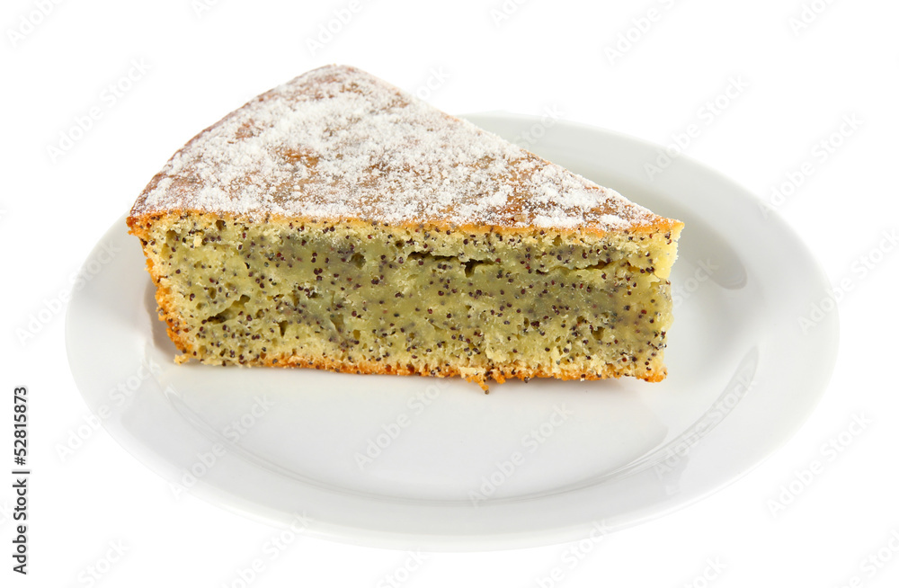 Delicious poppy seed cake isolated on white