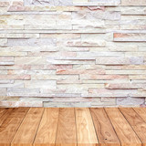 Fototapeta Desenie - Wood floor with marble stone wall texture background