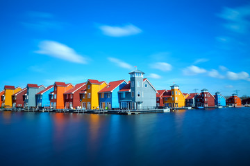 Fototapete - colorful buildings at Reitdiephaven on water in Groningen