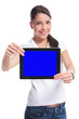 casual woman presenting a tablet