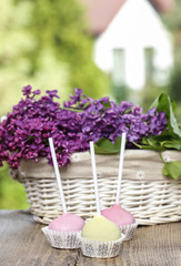 Poster - Pastel colors cake pops on wooden table. Fresh lilac flowers in