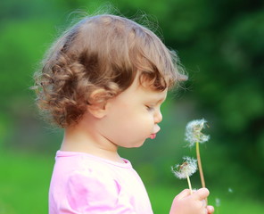 Beautiful baby girl blowing on dandelion flower on summer backgr