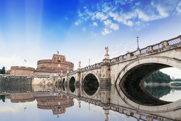 Wall Mural - Castel Sant'Angelo and the bridge over the Tiber reflections