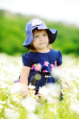 sweet toddler in daisy field