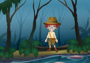 Wall Mural - A boy scount in the forest near the lake