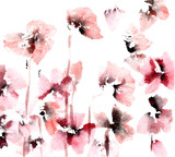 Cute floral background. Watercolor poppies