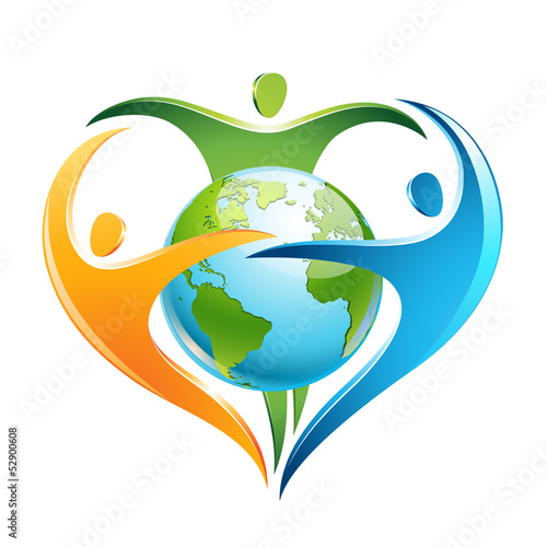 Fotografie, Obraz three figures surround Earth in a shape of a heart
