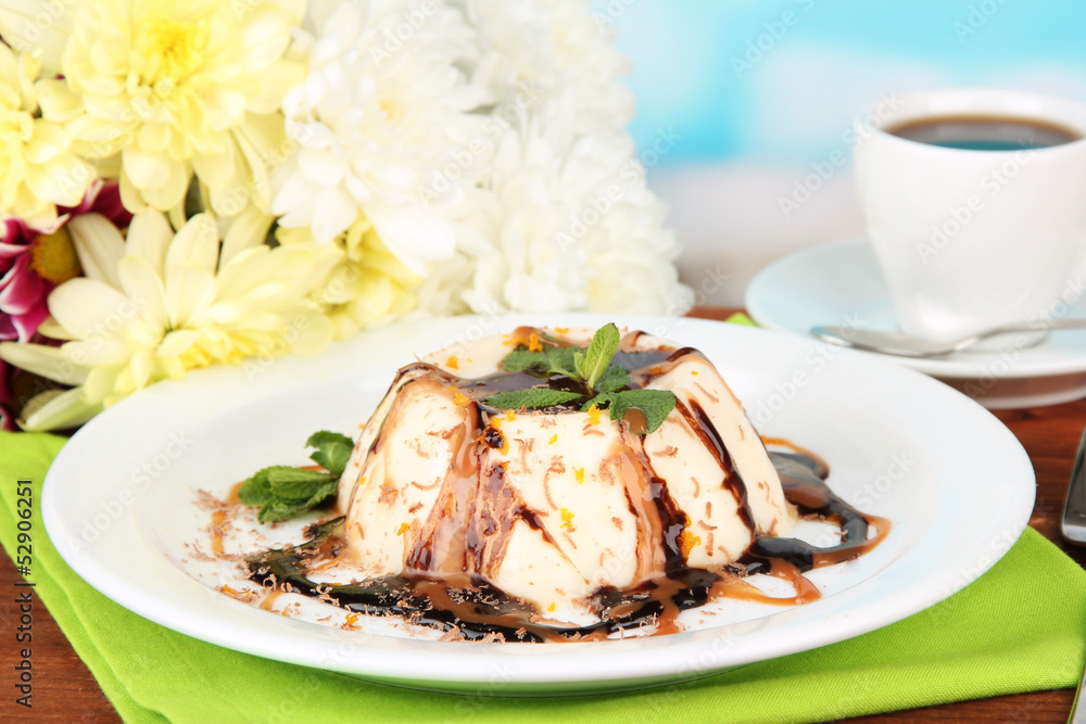 Panna Cotta with chocolate  and caramel sauces,