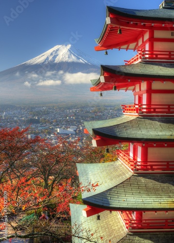 Fototapeta na wymiar Mt. Fuji and Autumn Leaves at Arakura Sengen Shrine in Japan