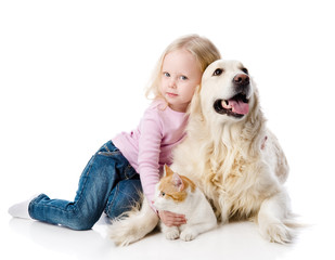 Poster - girl playing with pets - dog and cat. looking away. isolated 