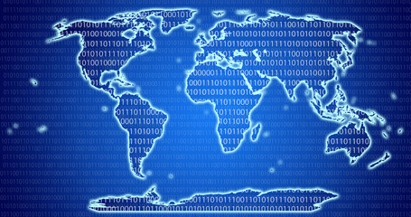 Wall Mural - Digital World Map with binary code blue background