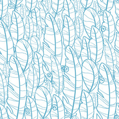 Vector blue drawn feathers seamless pattern background with hand