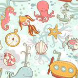 Underwater creatures cute cartoon seamless pattern