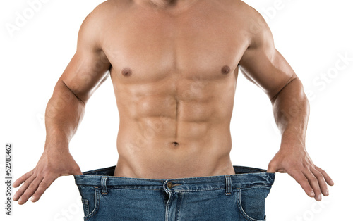 Foto-Duschvorhang nach Maß - Weight loss, muscular man wearing too large jeans (von rangizzz)