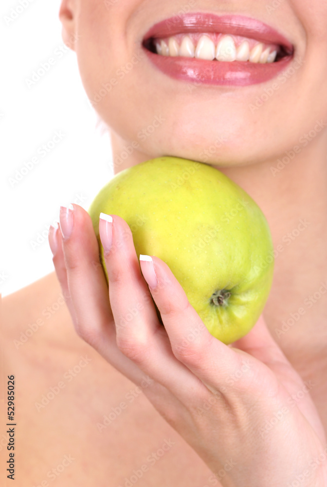 Smiling woman with apple close up