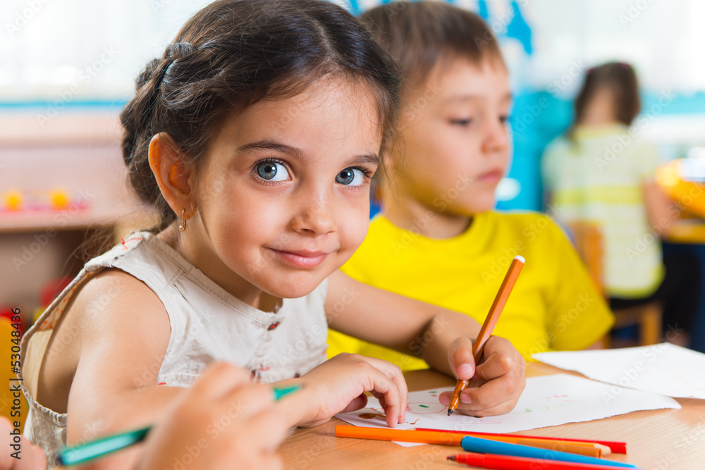 Group of cute little prescool kids drawing Stock Photo | Adobe Stock