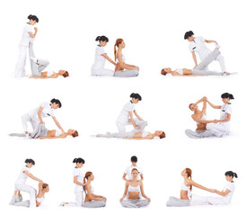 Wall Mural - Set of many different images of the woman getting thai massage