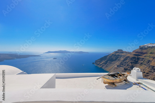Board z aluminiowym obramowaniem Grecja santorini wyspa na Cykladach, piękne i kolorowe wid
