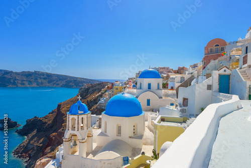 Board z aluminiowym obramowaniem Grecja santorini wyspa w Cykladach, tradycyjne białe umyte vi